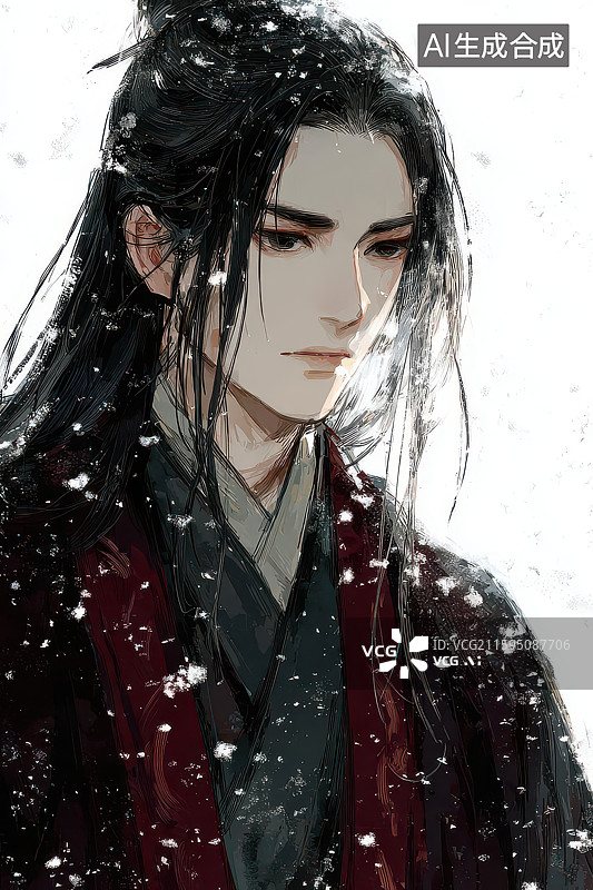 【AI数字艺术】古风男子黑发高髻水墨风格肖像图片素材