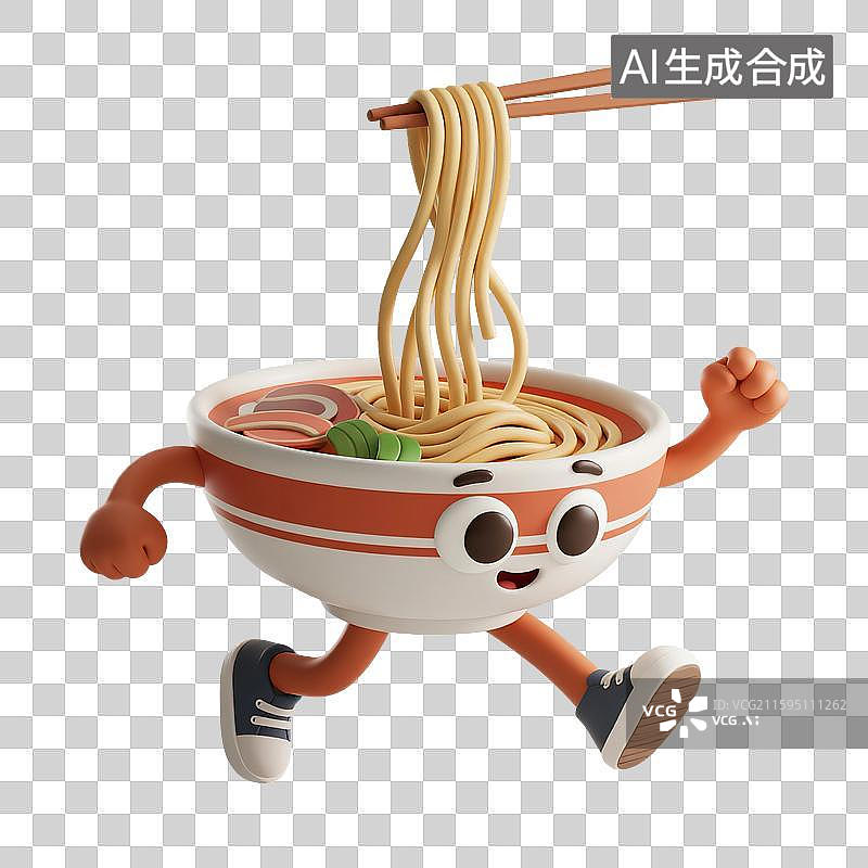 【AI数字艺术】3D渲染，卡通拟人面条，一碗挂面，面条，拉面，中国传统美食，免抠元素图片素材
