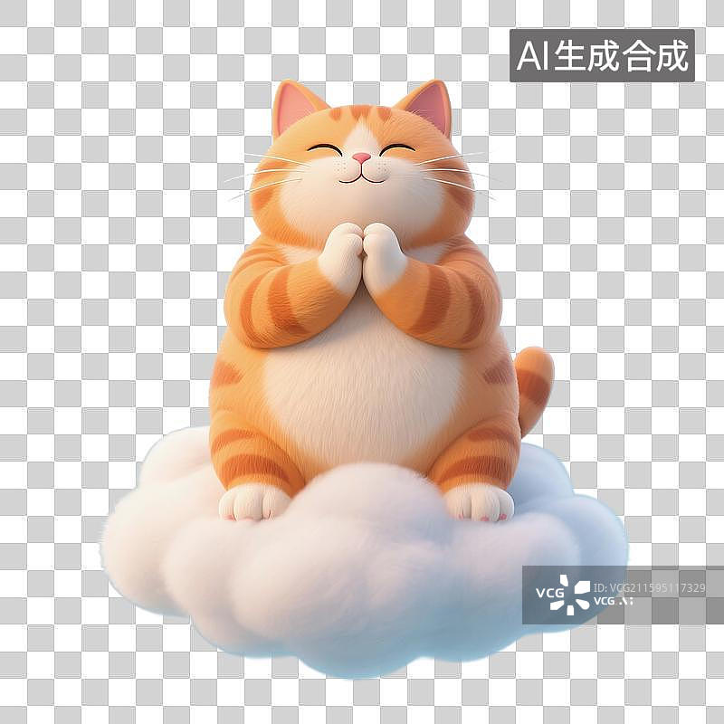 【AI数字艺术】3D渲染，治愈系插画，双手合十，许愿的小猫，橘猫，宠物猫，佛系宠物猫，祈福，祈祷，免抠元素图片素材