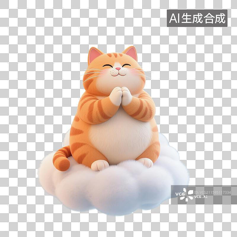 【AI数字艺术】3D渲染，治愈系插画，双手合十，许愿的小猫，橘猫，宠物猫，佛系宠物猫，祈福，祈祷，免抠元素图片素材