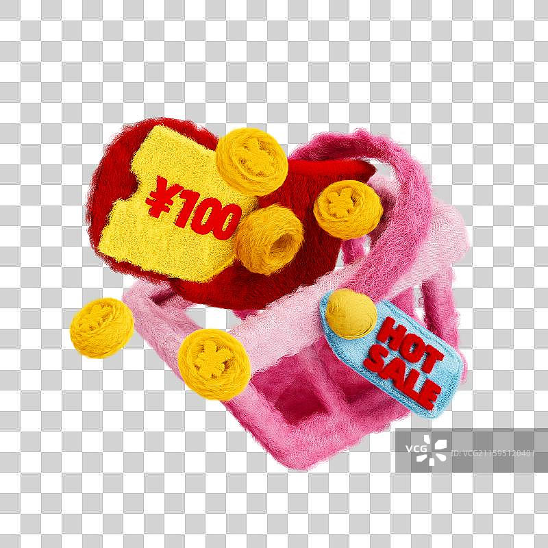 3D可爱毛毡风装着折扣商品的购物车免抠素材图片素材