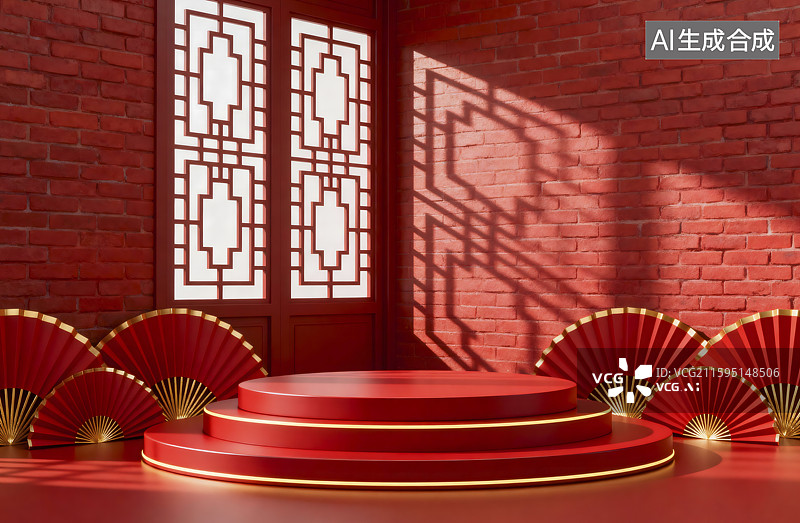 【AI数字艺术】红色中式风格展示台图片素材