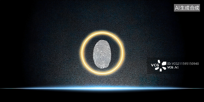 【AI数字艺术】3D渲染科技风黑色背景下的发光指纹图片素材