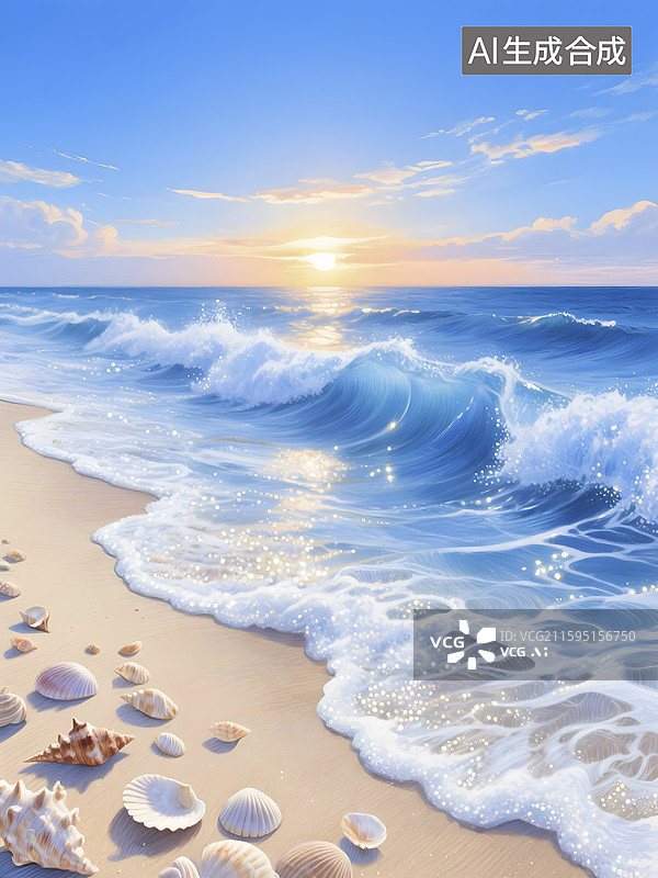 【AI数字艺术】沙滩贝壳海浪落日海报图片素材