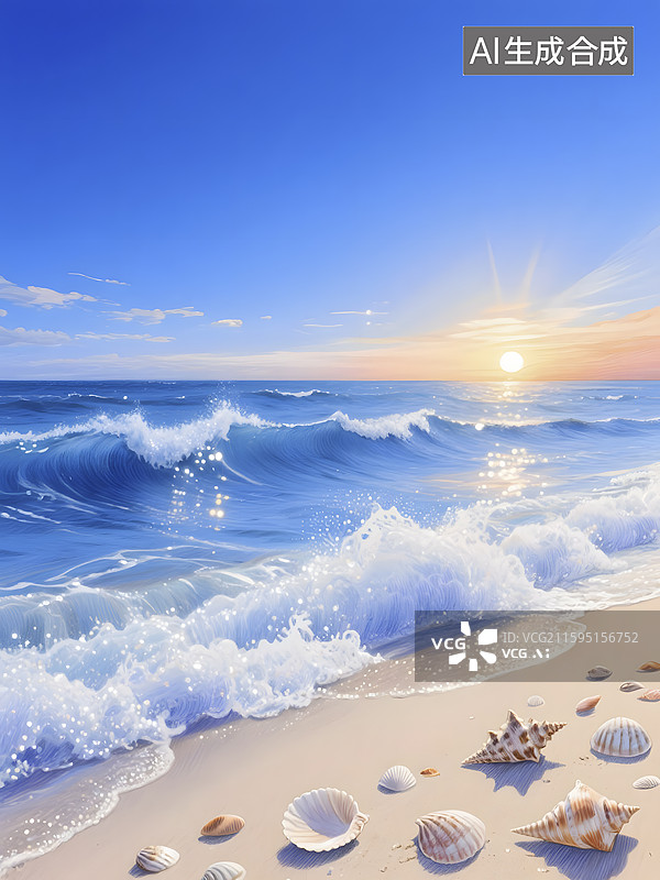 【AI数字艺术】沙滩贝壳海浪落日海报图片素材