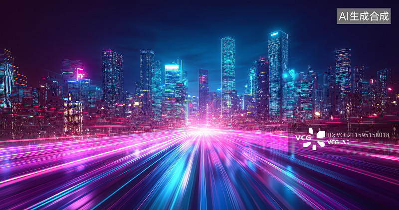 【AI数字艺术】赛博朋克城市夜晚街道车流与高楼景观背景图片素材