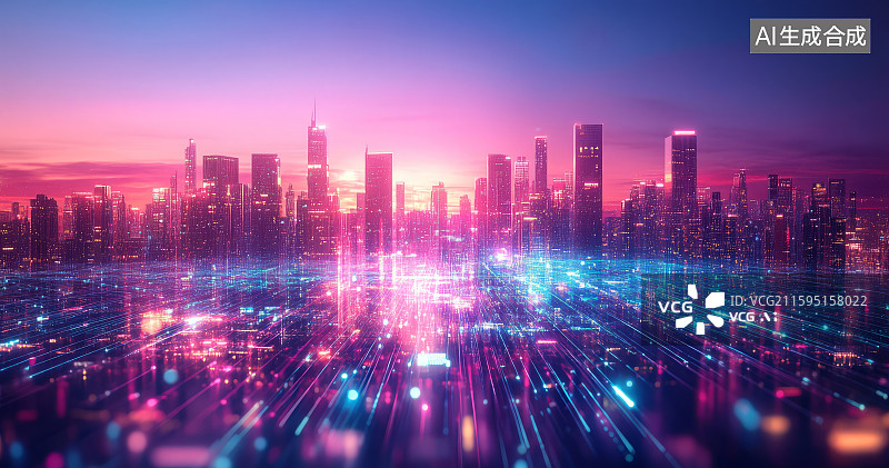 【AI数字艺术】赛博朋克城市夜晚街道车流与高楼景观背景图片素材