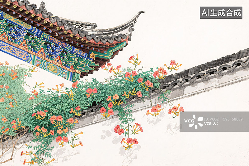 【AI数字艺术】中式庭院墙头的凌霄花图片素材