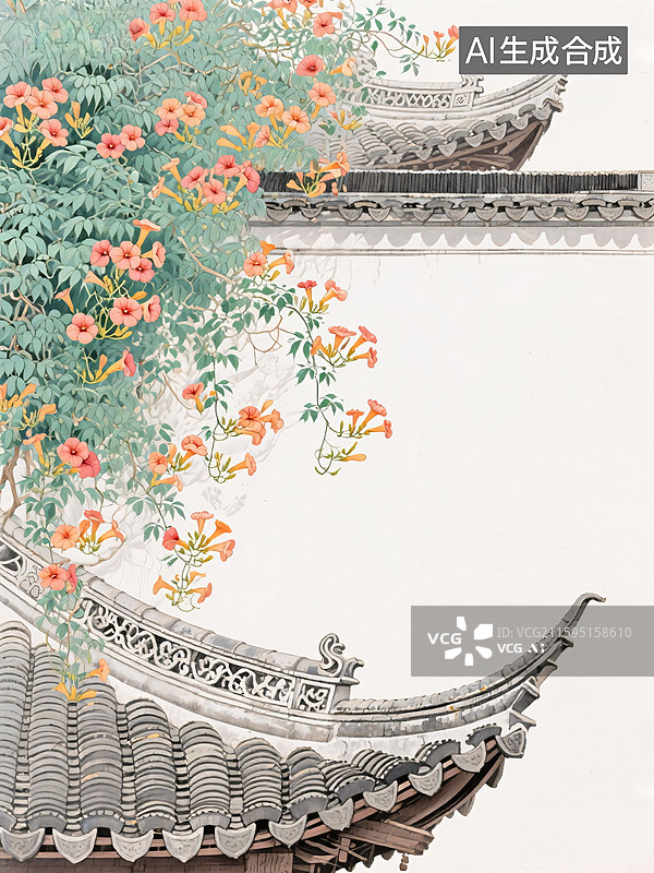 【AI数字艺术】中式庭院墙头的凌霄花图片素材