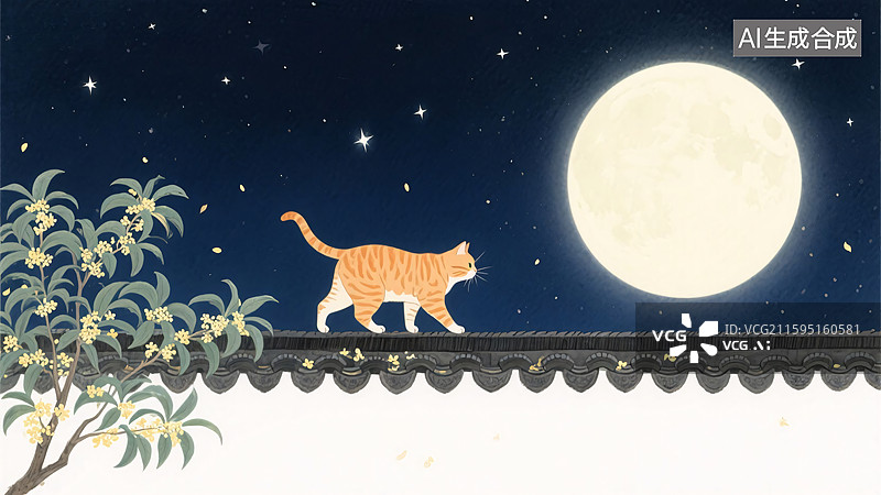 【AI数字艺术】月夜屋顶漫步的猫图片素材