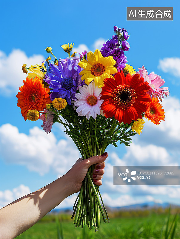 【AI数字艺术】手捧多彩鲜花束图片素材