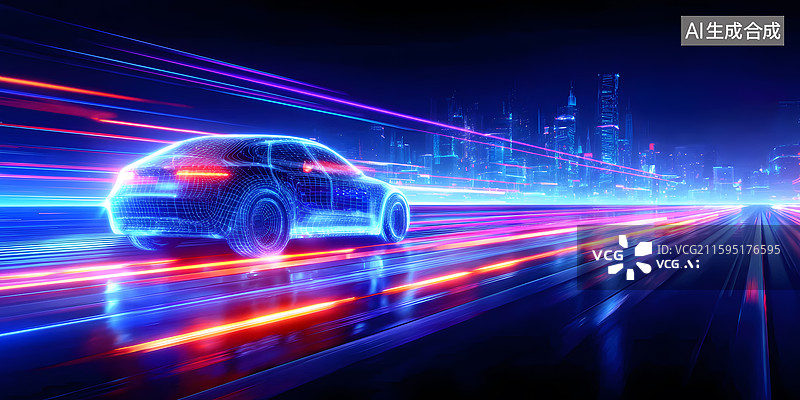 【AI数字艺术】未来感赛车穿梭霓虹都市夜景图片素材