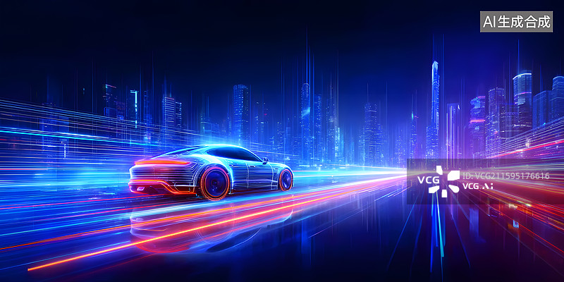 【AI数字艺术】未来都市霓虹光影中的疾驰跑车图片素材