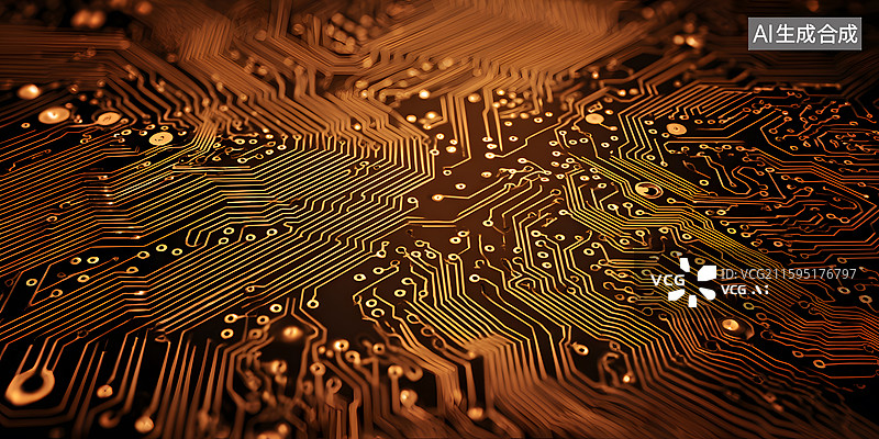 【AI数字艺术】金色电路板特写展现科技精密纹理图片素材
