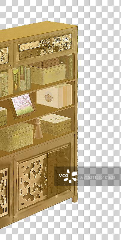 复古风雕花书架与书籍摆件家具陈列插画图片素材