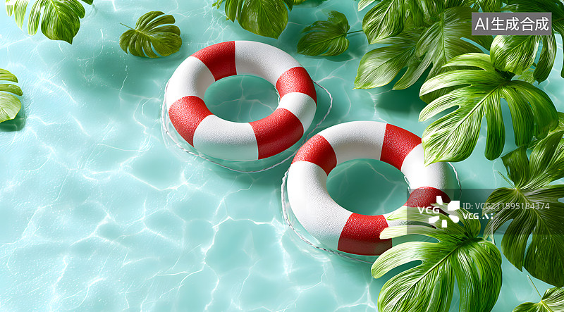 【AI数字艺术】清澈的水池中漂浮两个游泳圈图片素材