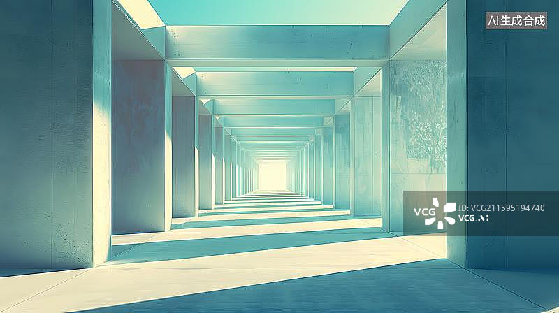 【AI数字艺术】混凝土结构的延伸感 霓虹灯光构成的未来隧道 科技感十足的无限延伸空间图片素材