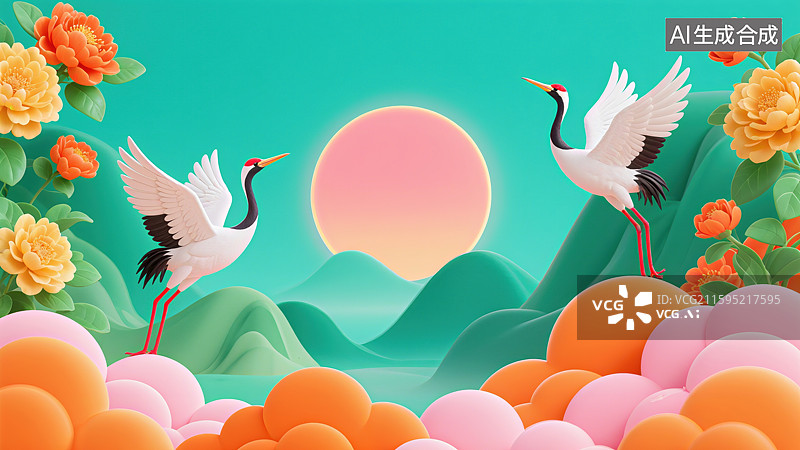 【AI数字艺术】3D三维仙鹤牡丹芙蓉花节日插画场景图片素材