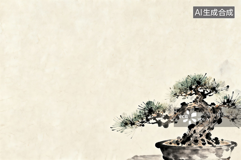 【AI数字艺术】中式水墨风格的盆景松树图片素材