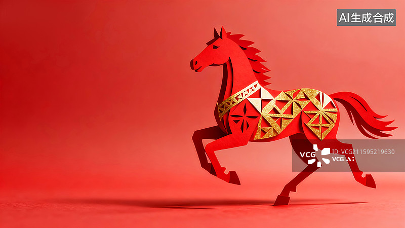 【AI数字艺术】红色背景上的2026马年奔跑的金色红色几何图形纸雕剪纸骏马会议海报背景图片素材