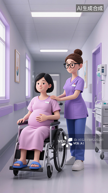 【AI数字艺术】3D三维护士推着坐在轮椅上的孕妇医院走廊上图片素材