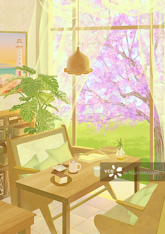 春天窗外樱花树木质桌椅美食温馨室内场景图片素材