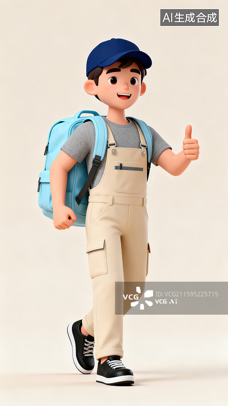 【AI数字艺术】一位穿浅棕色工装服蓝色鸭舌帽和背着蓝色书包的卡通男孩一只手做点赞手势，家政服务公司海报宣传插画背景图片素材