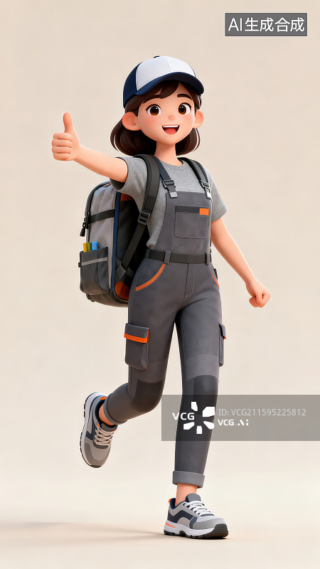 【AI数字艺术】一位穿工装服鸭舌帽和背着书包的卡通女孩一只手做点赞手势，家政服务公司海报宣传插画背景图片素材