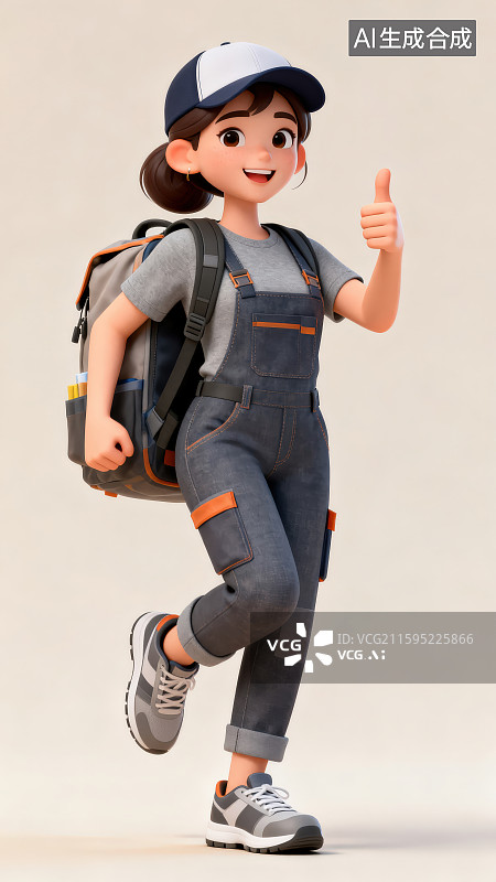 【AI数字艺术】一位穿工装服鸭舌帽和背着书包的卡通女孩一只手做点赞手势，家政服务公司海报宣传插画背景图片素材