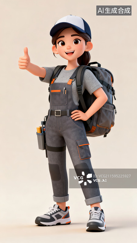 【AI数字艺术】一位穿工装服鸭舌帽和背着书包的卡通女孩一只手做点赞手势，家政服务公司海报宣传插画背景图片素材