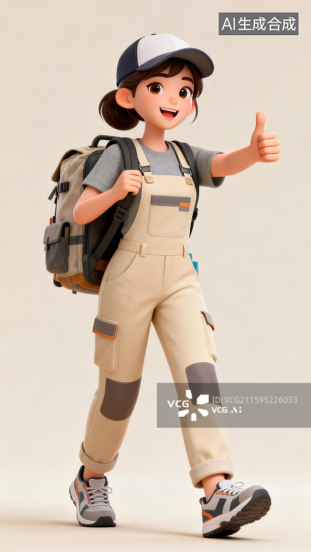 【AI数字艺术】一位穿工装服鸭舌帽和背着书包的卡通女孩一只手做点赞手势，家政服务公司海报宣传插画背景图片素材