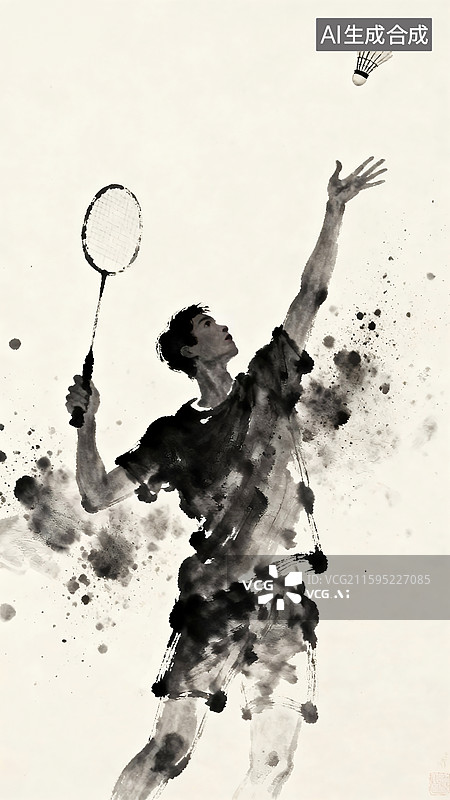 【AI数字艺术】水墨国风效果羽毛球运动员拿着羽毛球拍准备发球的水墨笔触剪影粒子飞溅插画图片素材