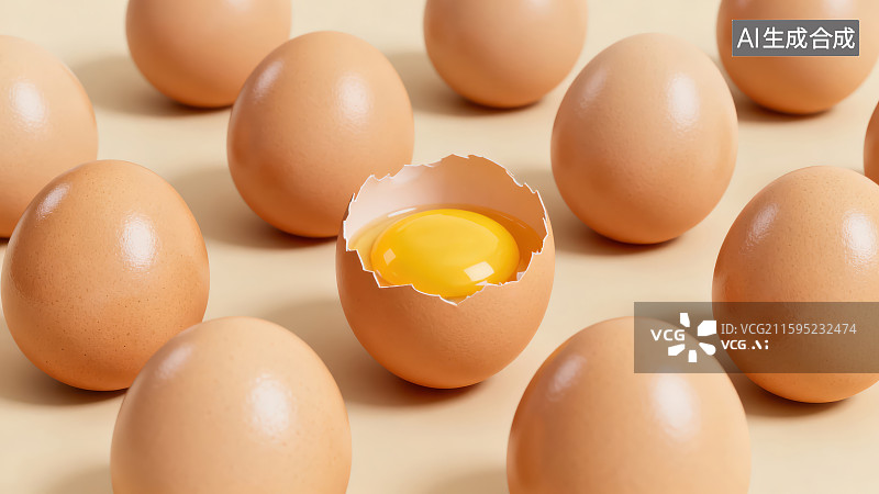 【AI数字艺术】一堆新鲜的鸡蛋和中间一个打开的鸡蛋图片素材