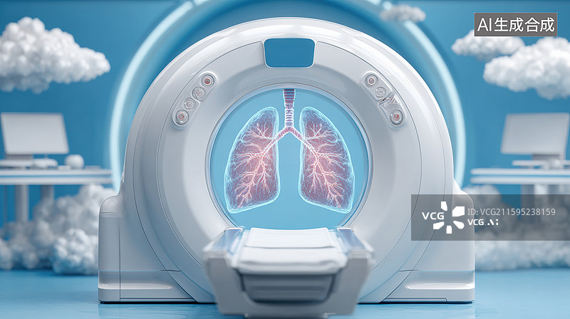 【AI数字艺术】3D医疗设备配弧形扫描仪顶部蓝色背景白色云朵圆柱形隧道配电脑屏幕显示透明肺部明亮渐变色彩图片素材