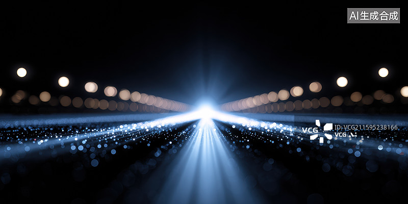 【AI数字艺术】创意抽象商业背景蓝色金色圆形舞台配发光线条和散景效果未来科技背景夜生活酒吧场景年会金色光路通向无限隧图片素材