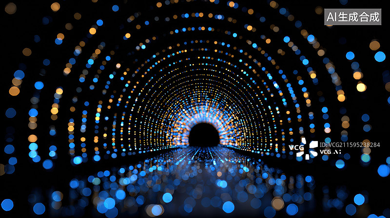【AI数字艺术】创意抽象商业背景蓝色金色圆形舞台配发光线条和散景效果未来科技背景夜生活酒吧场景年会金色光路通向无限隧图片素材