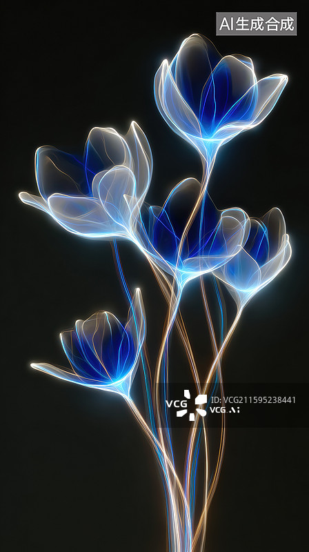 【AI数字艺术】创意抽象商业背景梦幻蓝金色花卉设计优雅金属花卉构图闪亮金叶和花茎奢华装饰元素黑色背景图片素材