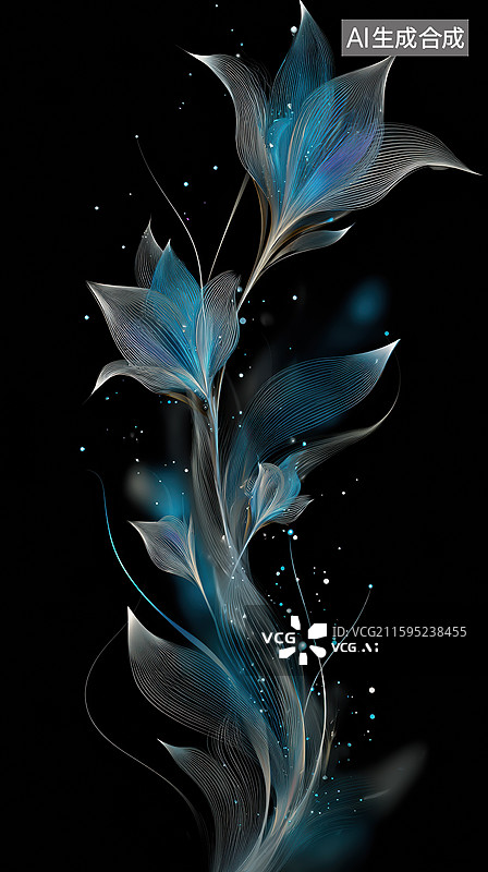 【AI数字艺术】创意抽象商业背景梦幻蓝金色花卉设计优雅金属花卉构图闪亮金叶和花茎奢华装饰元素黑色背景图片素材