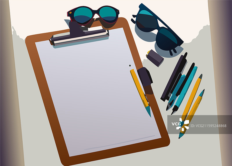 剪贴板、眼镜、铅笔和笔记本模型图片素材