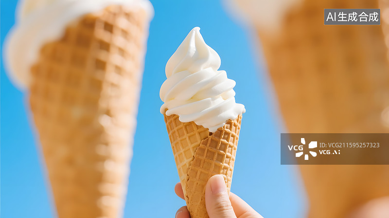 【AI数字艺术】夏季蓝天下的甜筒冰激淋图片素材
