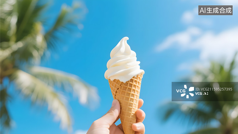 【AI数字艺术】夏季蓝天下的甜筒冰激淋图片素材