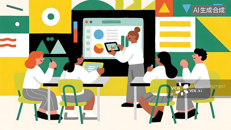 【AI数字艺术】老师在课堂上进行数字教学扁平风插画图片素材