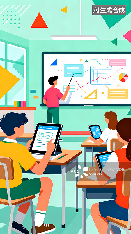 【AI数字艺术】老师在课堂上进行数字教学扁平风插画图片素材