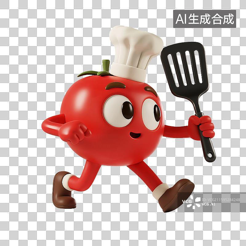 【AI数字艺术】3D渲染，厨师卡通番茄，一个新鲜西红柿，蔬菜水果，食材，免抠元素图片素材
