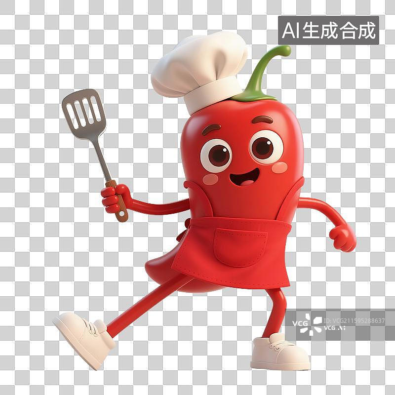 【AI数字艺术】3D渲染，红辣椒，卡通辣椒厨师，辣椒，彩椒，蔬菜，免抠元素图片素材