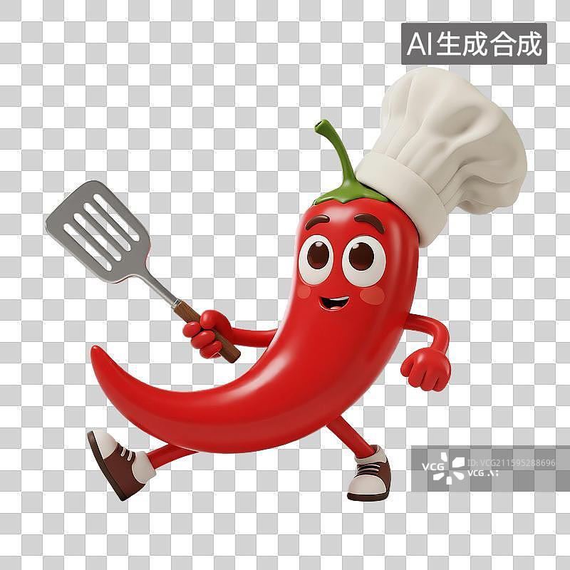 【AI数字艺术】3D渲染，红辣椒，卡通辣椒厨师，辣椒，彩椒，蔬菜，免抠元素图片素材