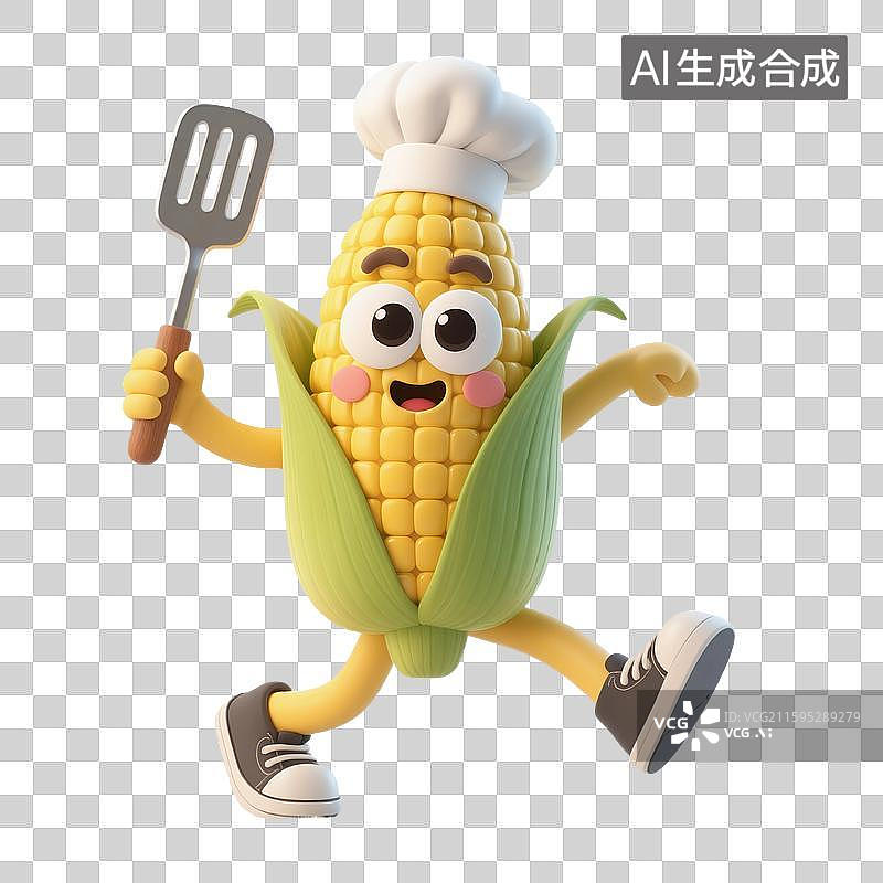 【AI数字艺术】3D渲染，卡通拟人玉米厨师，玉米，食品免抠元素图片素材
