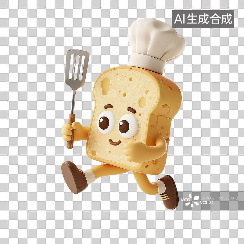 【AI数字艺术】3D渲染，拟人面包厨师，可爱的卡通面包片，面包，吐司，面包片，美味食物免抠元素图片素材