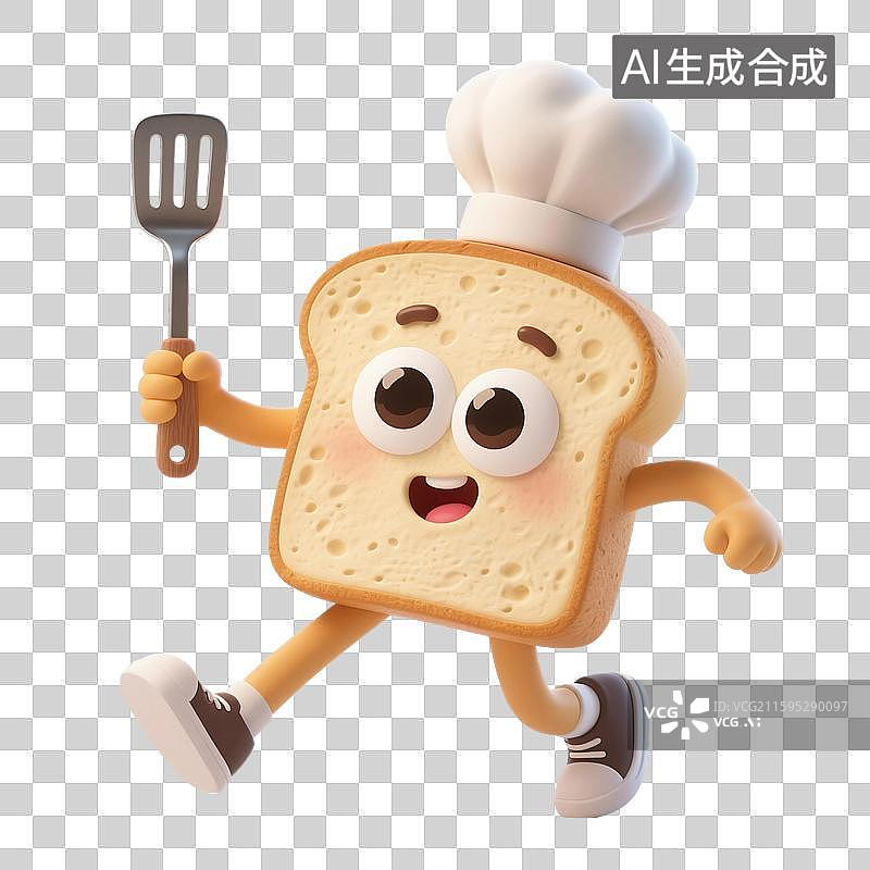 【AI数字艺术】3D渲染，拟人面包厨师，可爱的卡通面包片，面包，吐司，面包片，美味食物免抠元素图片素材