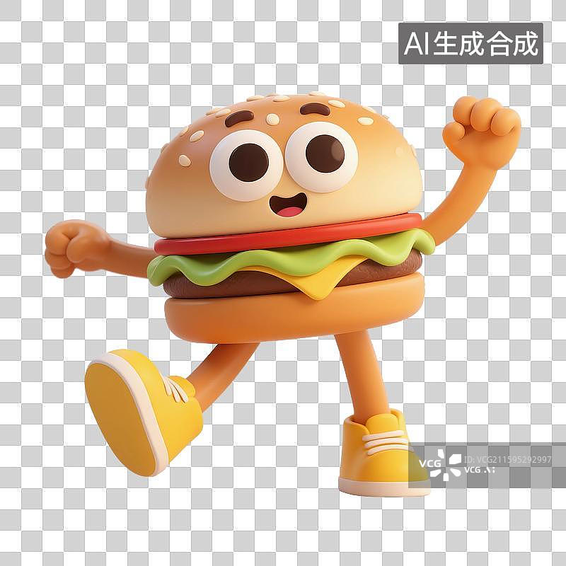 【AI数字艺术】3D渲染，一个汉堡，芝士汉堡，卡通拟人汉堡包，卡通快餐美食免抠元素图片素材